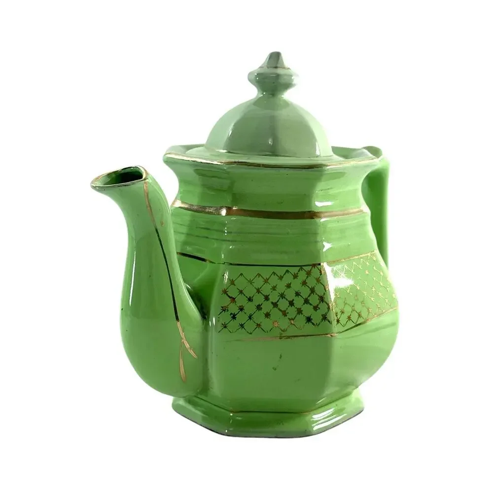 Vintage Art Deco Green Porcelain Teapot Gold Gilt Geometric Octagonal 7.5”